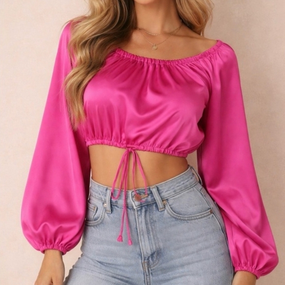 Rachel Zoe Tops - Rachel Zoe Hot Pink Satin Off-Shoulder Drawstring Crop Top